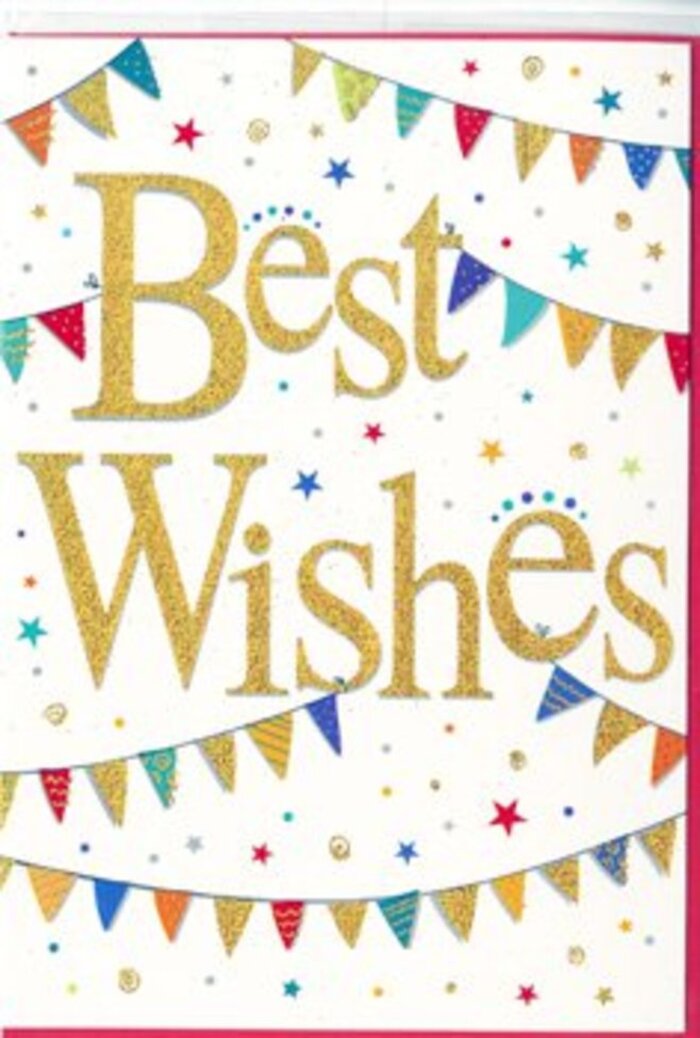 The photograph captures a beautifully designed Best Wishes card that feels like a miniature street celebration pressed into paper. The base of the card is a fresh, matte white, giving a calm backdrop that allows the decorative details to shine. Centred on the card, in flowing, slightly cursive script, the words Best Wishes gleam in embossed gold. The lettering appears tactile and rich, with a subtle glittery finish that sparkles when the light brushes across it, echoing the glow of evening fairy lights strung along the paths by the River Thames in Twickenham. Above and below this golden greeting, strands of bunting sweep in soft loops, forming a loose oval that cradles the words. Each pennant is a small triangle of colour-vivid blues, ruby reds, grass greens, sunny yellows, and berry pinks-with individual patterns that hint at hand-painted care: tiny polka dots, diagonal stripes, zigzags, and mosaic-like shapes. These colourful flags feel as though they are gently swaying in an invisible breeze, like decorations hung between trees on a summer afternoon in York House Gardens. Scattered between the curves of bunting, minuscule stars and round confetti dots are sprinkled across the white space. They appear in complementary shades of gold, teal, crimson, and lemon, adding light-hearted motion, as though someone had just tossed a handful of confetti into the air. Despite the playful elements, the composition remains balanced and composed, exuding warmth and thoughtfulness. It is exactly the kind of congratulations card a local Twickenham florist such as Florist Twickenham might choose to accompany a bouquet for a new baby, a promotion at a nearby office, or a neighbour celebrating a fresh start close to home.