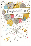 A single congratulations card is positioned upright, revealing a front design that radiates happy anticipation, like the moment just before everyone shouts well done. At the heart of the illustration, a generous bundle of round balloons rises upwards, arranged so they overlap and nestle together the way flowers might in a carefully crafted bouquet. Their colours range from warm gold and soft champagne to cool silver, gentle sky blue, powder pink, and pale grey, each balloon decorated with sparkling star motifs, glitter-like textures, or slender metallic stripes. The artist has given them a soft glow, reminiscent of sunlight catching party decorations in a Twickenham townhouse or along the leafy streets near Twickenham Green. From the point where the balloons gather, thin ribbons stream downward in curling trails of gold and silver, looping across the lower part of the card like joyous streamers thrown into the air. The background is a calm, light tone, scattered with tiny metallic stars, dots, and elegant swirls that drift around the balloons, suggesting floating confetti and movement without overwhelming the eye. Across the centre, a gently curved banner unfurls in front of the balloon cluster, proudly bearing the words Congratulations To You in classic, flowing calligraphy that balances playfulness with grace. The overall impression is one of warmth, pride, and celebration, much like the feeling of presenting a bouquet to someone after a big achievement at a local school or workplace in Twickenham. Imagined alongside fresh flowers delivered across the area-from Strawberry Hill to St Margarets-this card feels ideal for marking those luminous milestones when you want your message of congratulations to feel both personal and beautifully dressed.